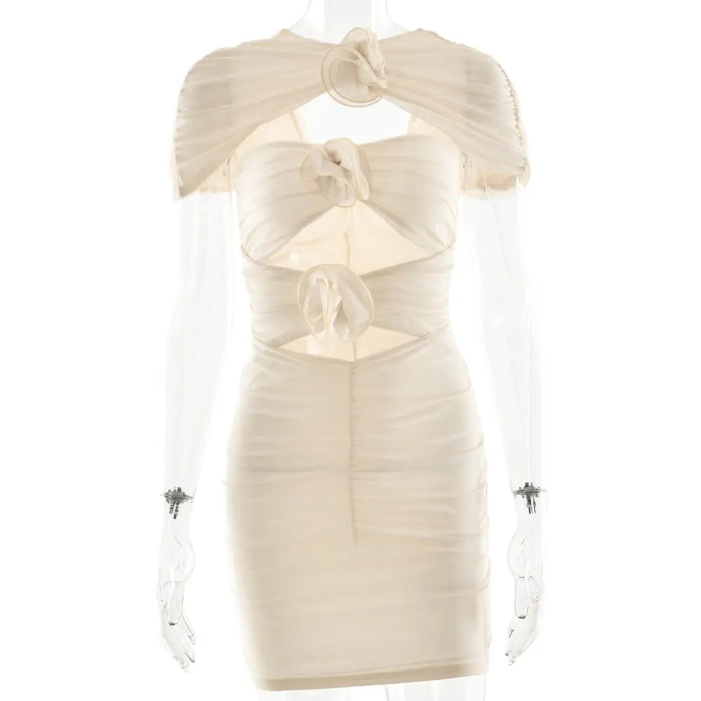 Sexy Hollow Out Cutout Sleeveless Hip Dress Elegant Floral Decorative Pleated Dress Summer Bella Mia