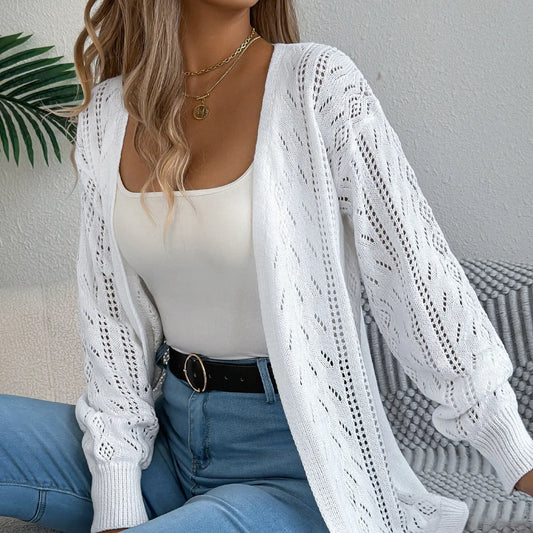 Early Autumn Casual Hollow Out Cutout out Lantern Long Sleeve Cardigan Sweater Mid Length Coat Women Clothing Bella Mia