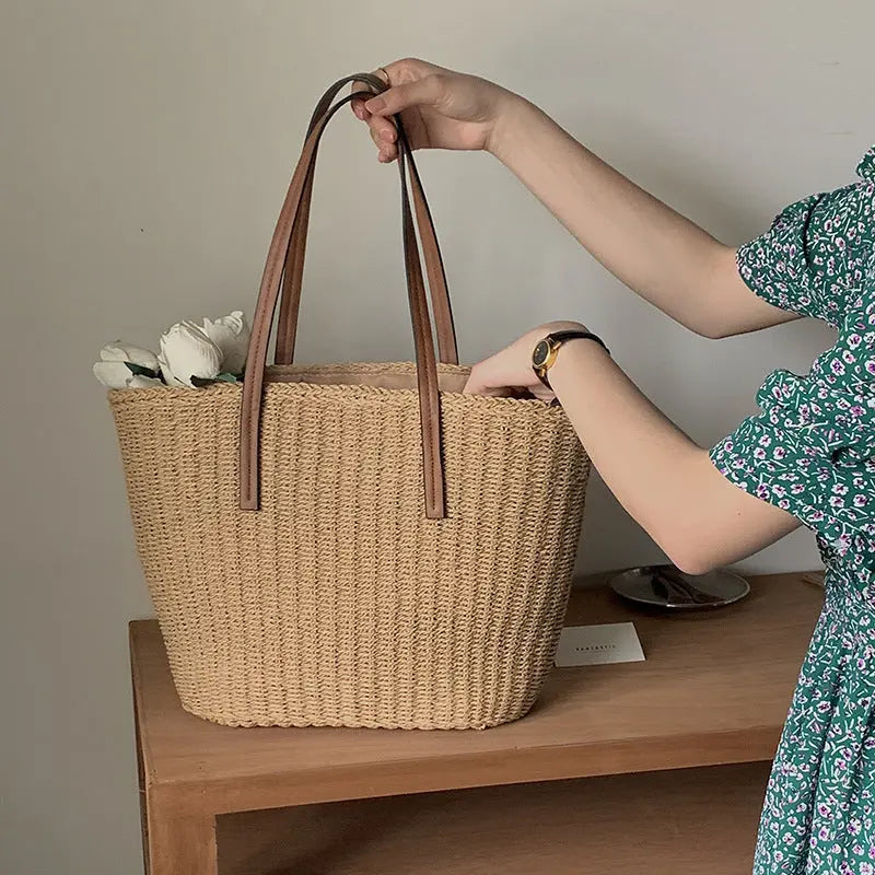 Simple Straw Bag Straw Bag Woven Bag Vacation Beach Bag All Match Shoulder Bag Summer Office Tote Bella Mia