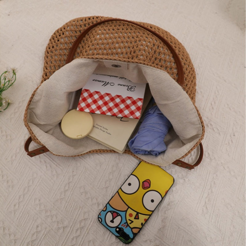 Casual Hollow Out Cutout Shoulder Cotton Thread Woven Bag Lazy Wind Portable Straw Weaved Bag Seaside Vacation Beach Bag Women Bag Bella Mia