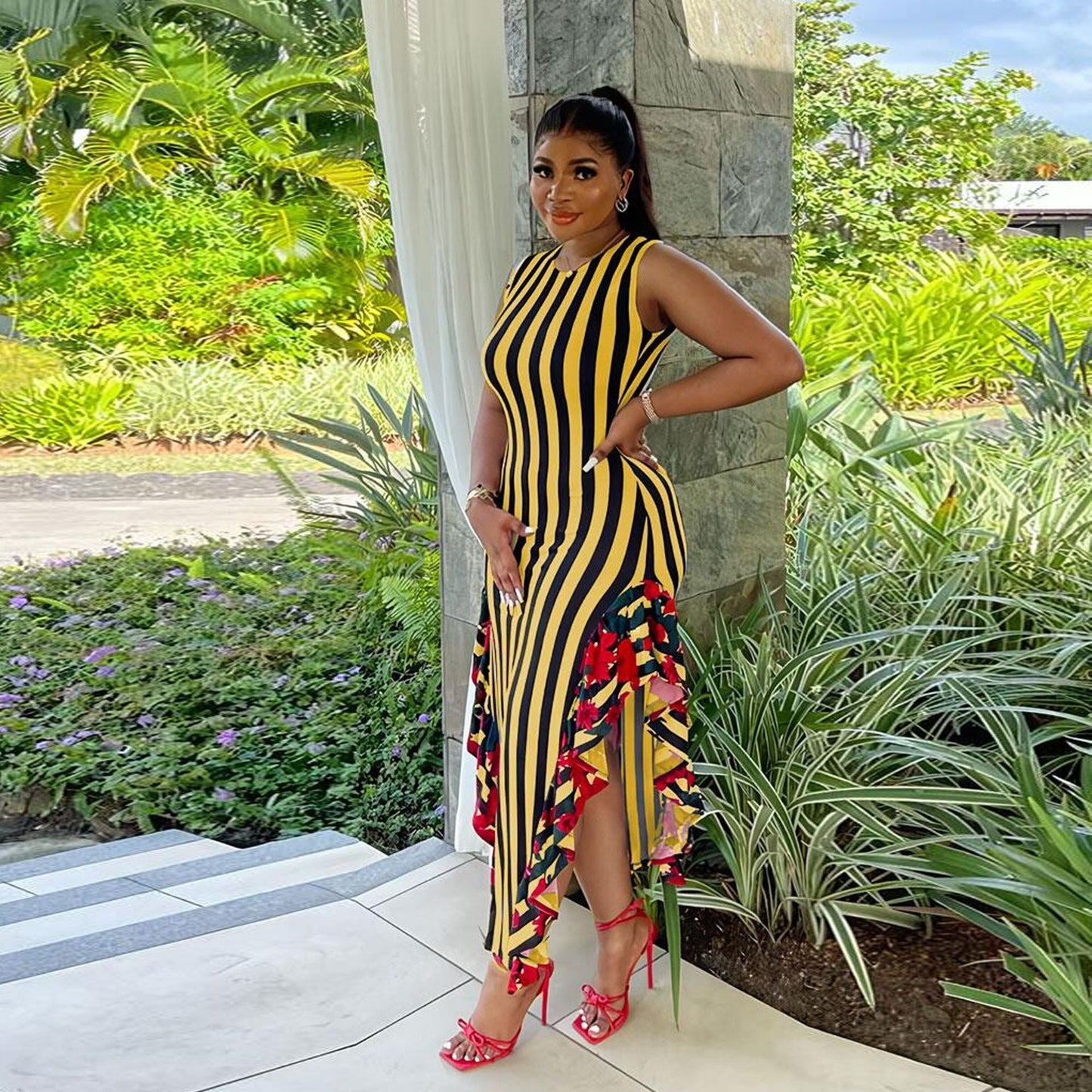 Women Clothes Stitching Printing Striped Stitching Wooden Ear Sleeveless Vest Dress