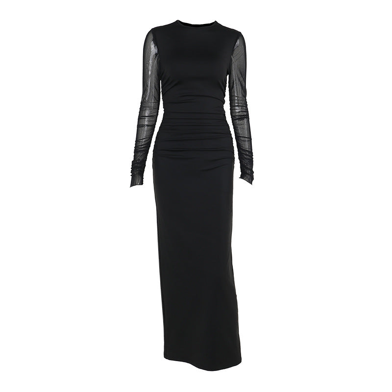 Autumn Long dress Socialite Elegant Slim Fit Mesh Sleeves Solid Color Dress Women Bella Mia
