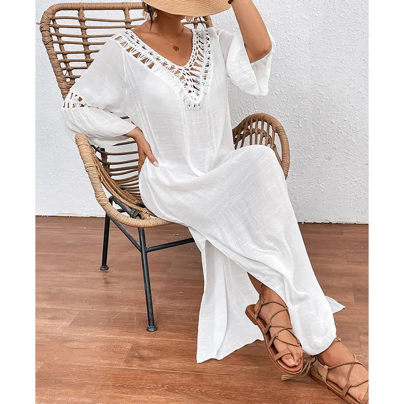 Women Clothing Hand Crocheting Stitching Colorful Ball Sexy Hollow Out Cutout out Backless Loose Beach Long Overskirt Bella Mia