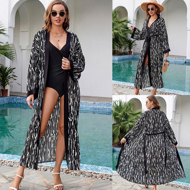 Black Edged Rayon Printed Beach Cover Up Sexy Cardigan Loose Bikini Cover Bella Mia
