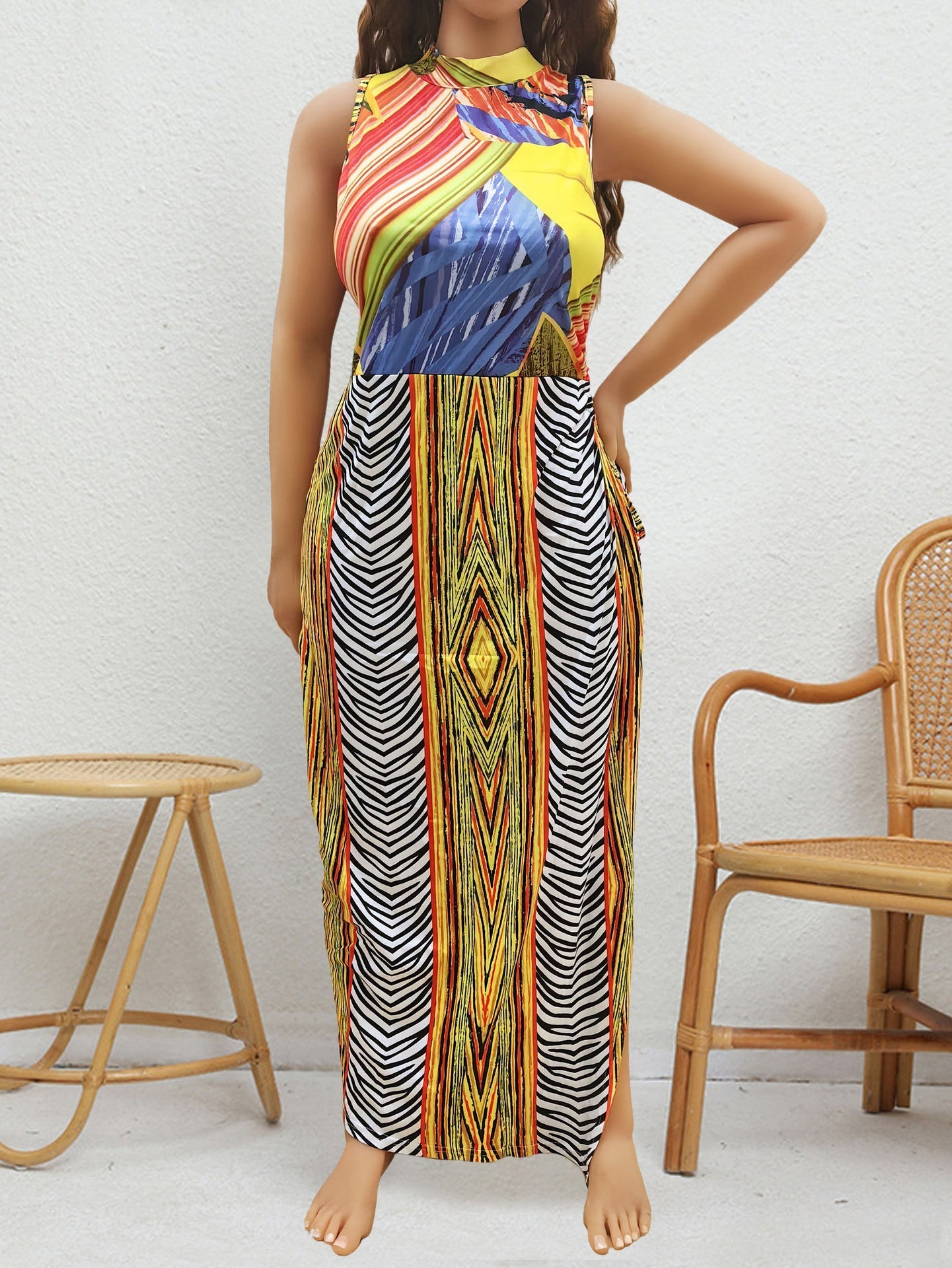 plus Size Women Women Clothing Summer Retro Mixed Color Printing Random Non Positioning Split Tied Dress Bella Mia