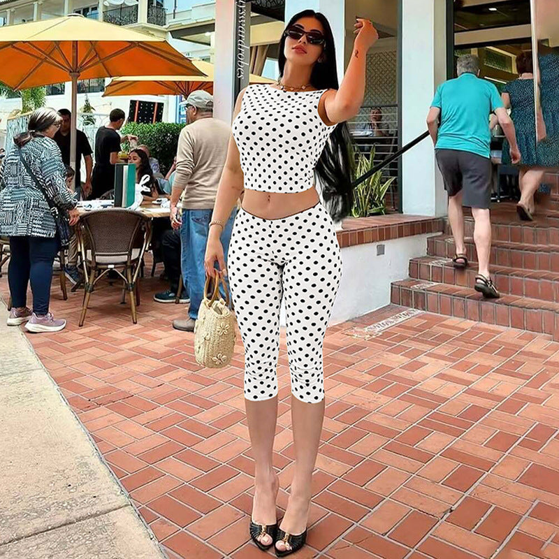 Summer Women Clothing Polka Dot Sleeveless Backless Top Slim Cropped Pants Two Piece Set