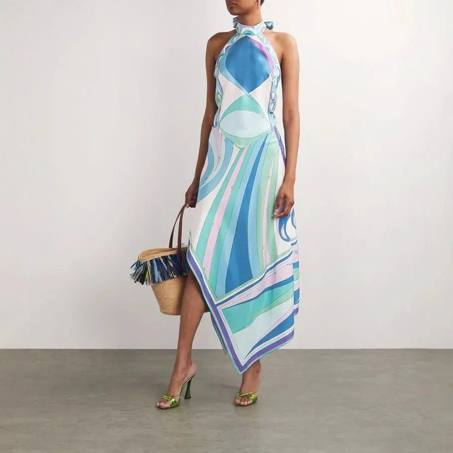 Summer Sexy Positioning Printing Satin Backless Top Irregular Asymmetric Skirt Two Piece Set Bella Mia