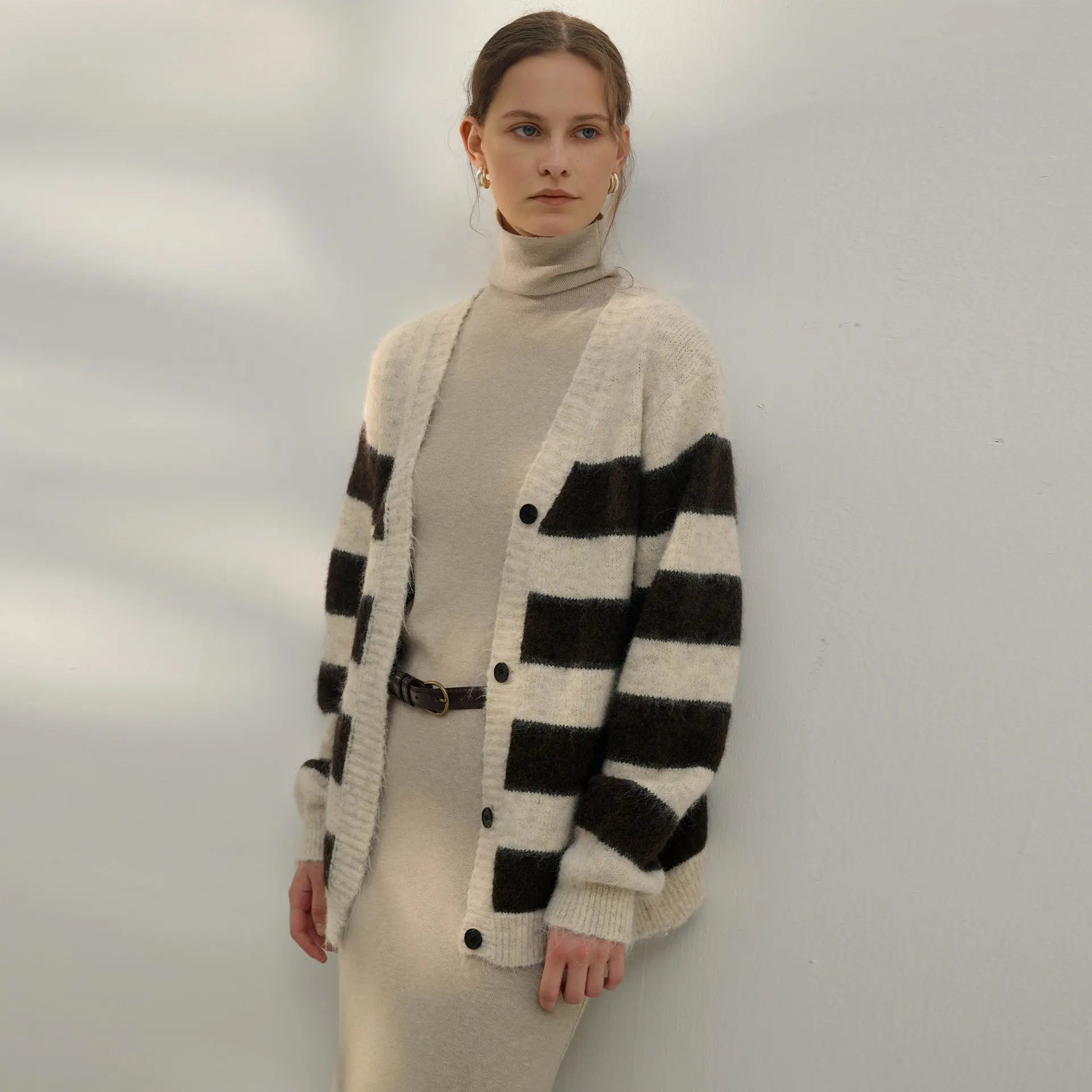 Autumn Winter Lazy Sweater Women Retro Gentle Casual Three Dimensional Striped Contrast Color V neck Long Sleeve Knitted Cardigan Bella Mia