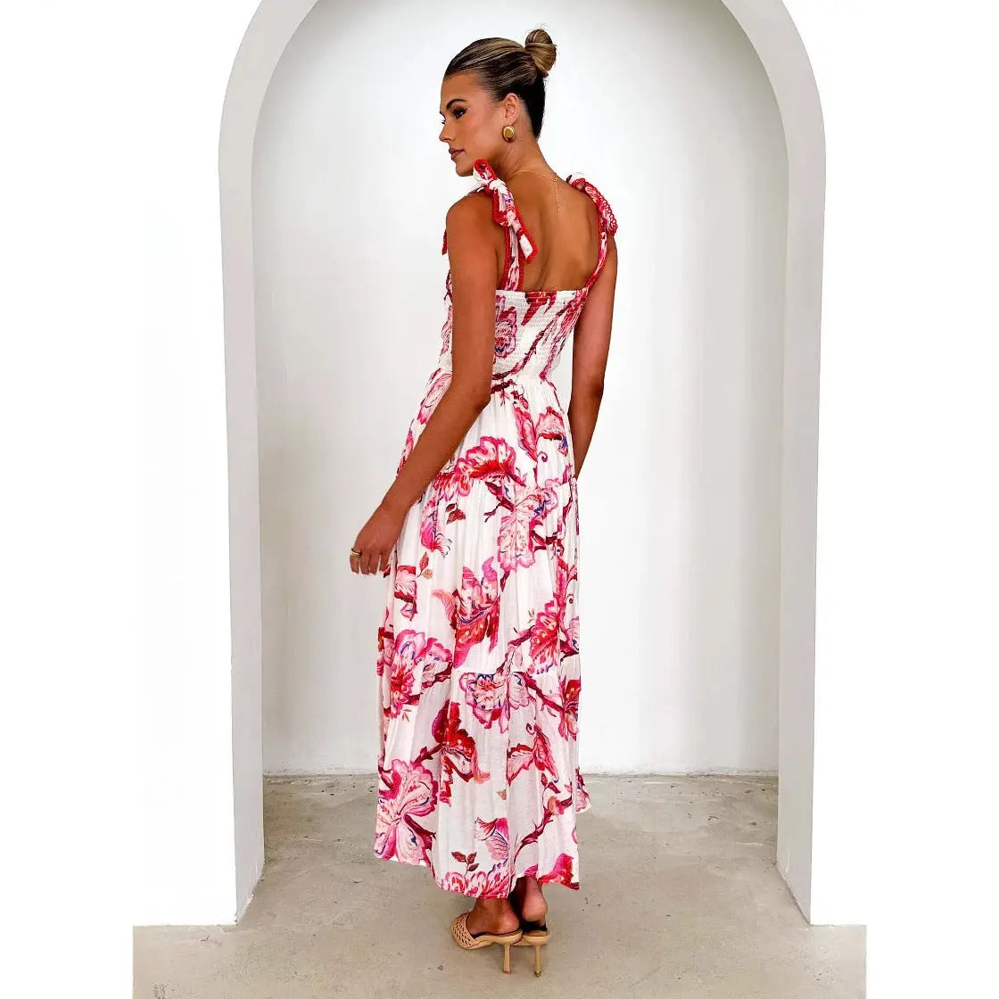 Spring Summer Floral Printed Sling Smocking Elastic Waist Knotted Shoulder Strap Large Swing Dress Long Bella Mia