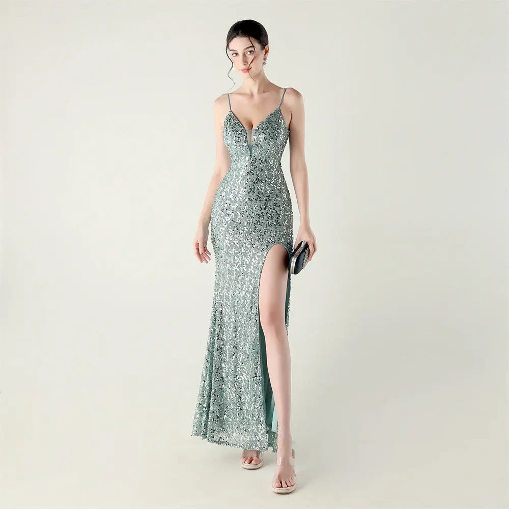 Bead Tube Sequin Spaghetti Strap High Slit Evening Dress Cross Tied Slim Fit Slimming Dinner Social Women Bella Mia