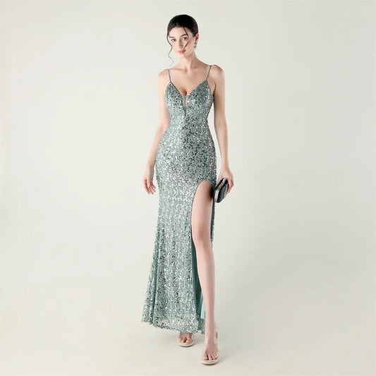 Bead Tube Sequin Spaghetti Strap High Slit Evening Dress Cross Tied Slim Fit Slimming Dinner Social Women Bella Mia