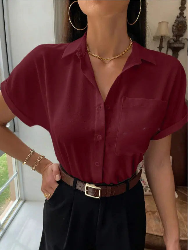 Satin V neck Shirt Women Women Solid Color Satin Short Sleeve Casual Button Satin Shirt Bella Mia