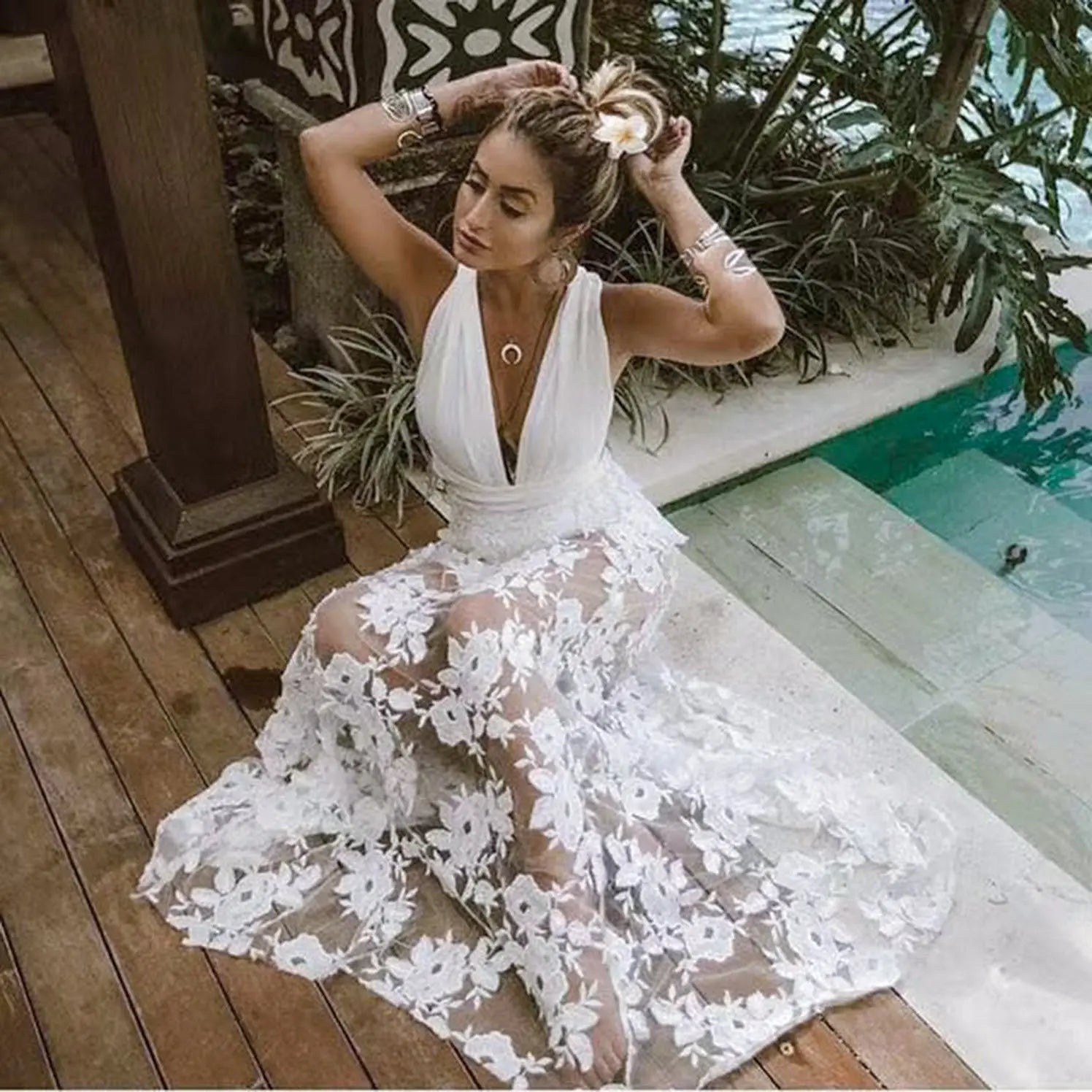 Sexy Floral Lace Cutout Backless Maxi Dress for Spring Summer Women Bella Mia