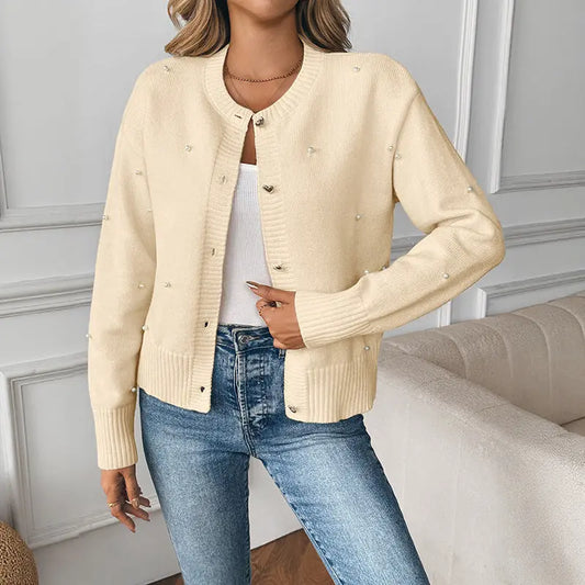 Elegant Loose Fit Long Sleeve Solid Color Pearl Button Sweater Coat for Women Bella Mia
