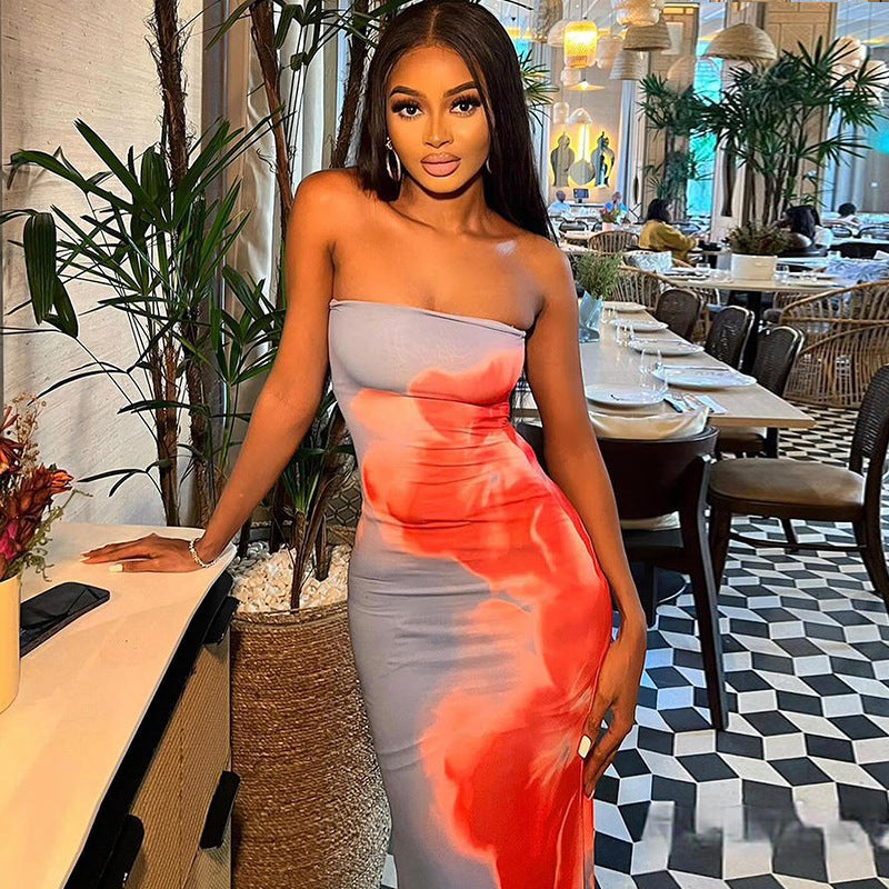 Women Clothing Printing Dress Sexy off the Shoulder Sleeveless One Step Dress Bella Mia