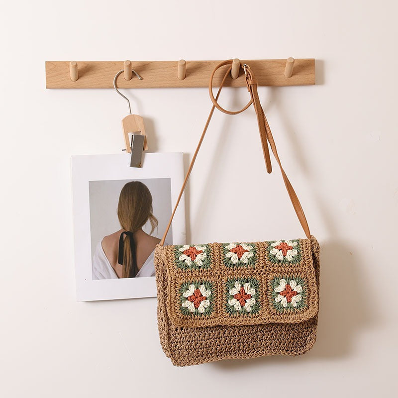 Floral Crossbody Straw Bag One Shoulder Flap Woven Bag Vacation Beach Bag Niche Women Bag Bella Mia