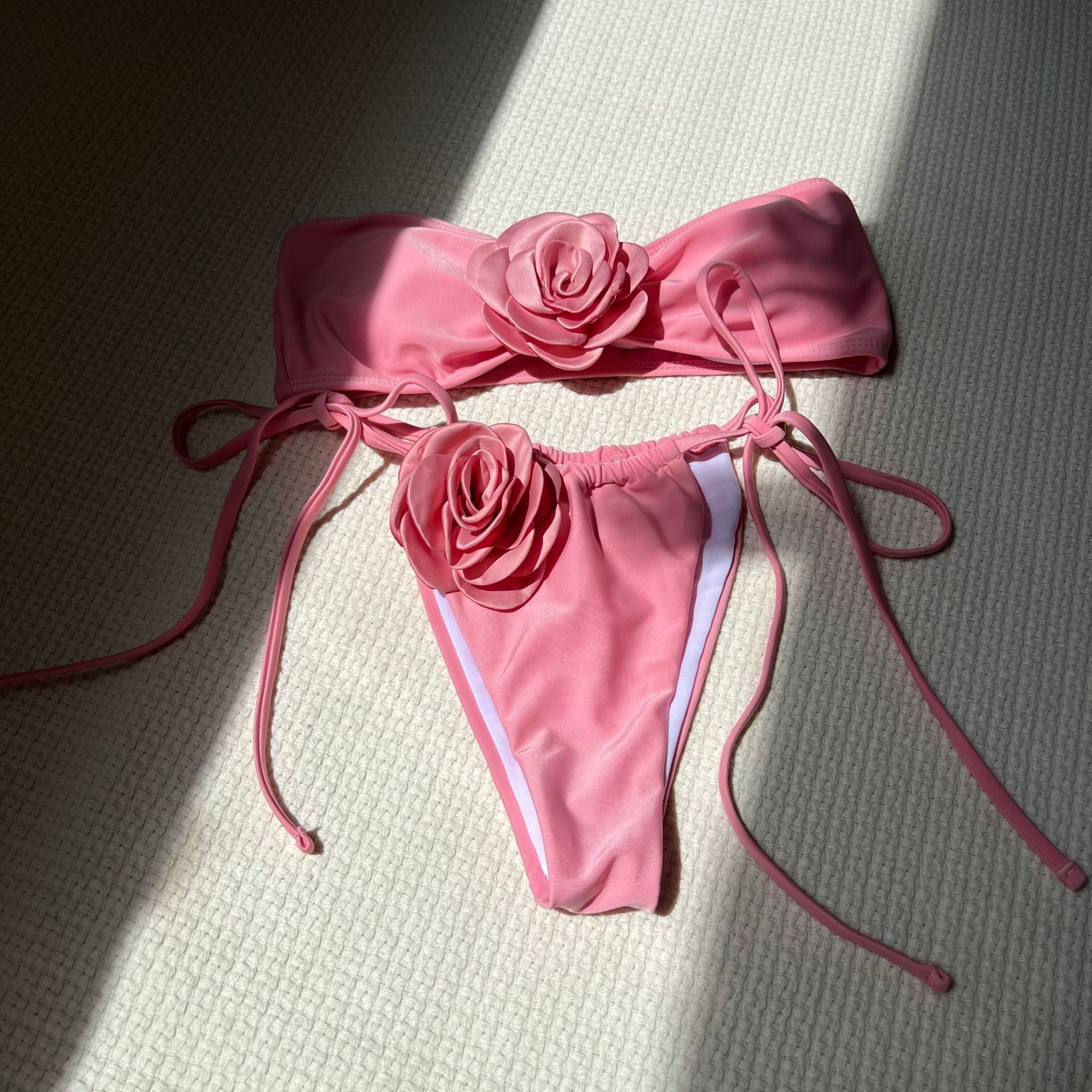 Solid Color Rose Tube Top Drawstring Strap Split Swimsuit Bikini Bella Mia