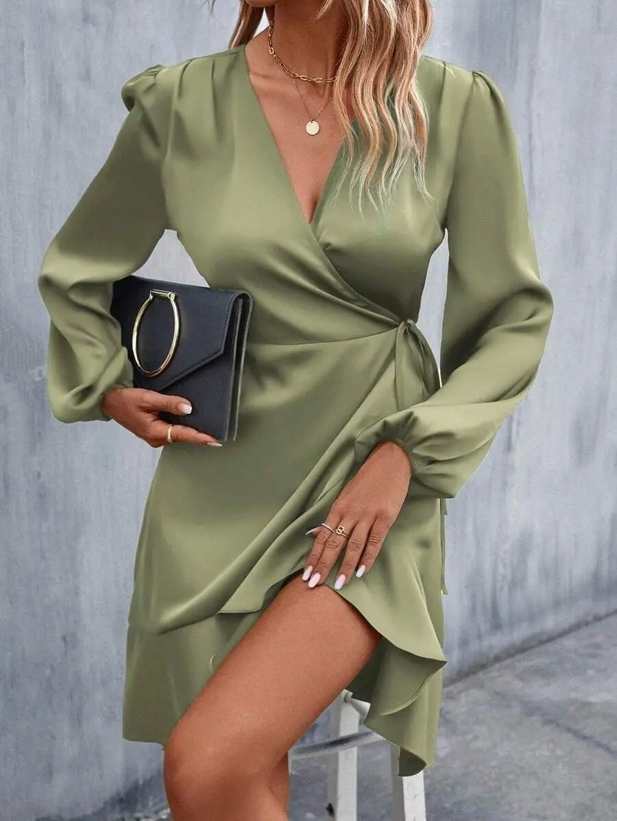 V neck Dress Satin Waist Tight Low Cut Casual Midi Dress Sweet Women Clothing Bella Mia