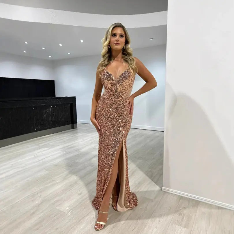 Sequined Halter Neck Split Maxi Dress Backless Zipper Slim Fit Formal Bella Mia
