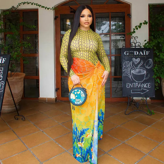 Stitching Women Printed Slim Fit Pleated Hip round Neck Long Sleeve Split Dress Bella Mia