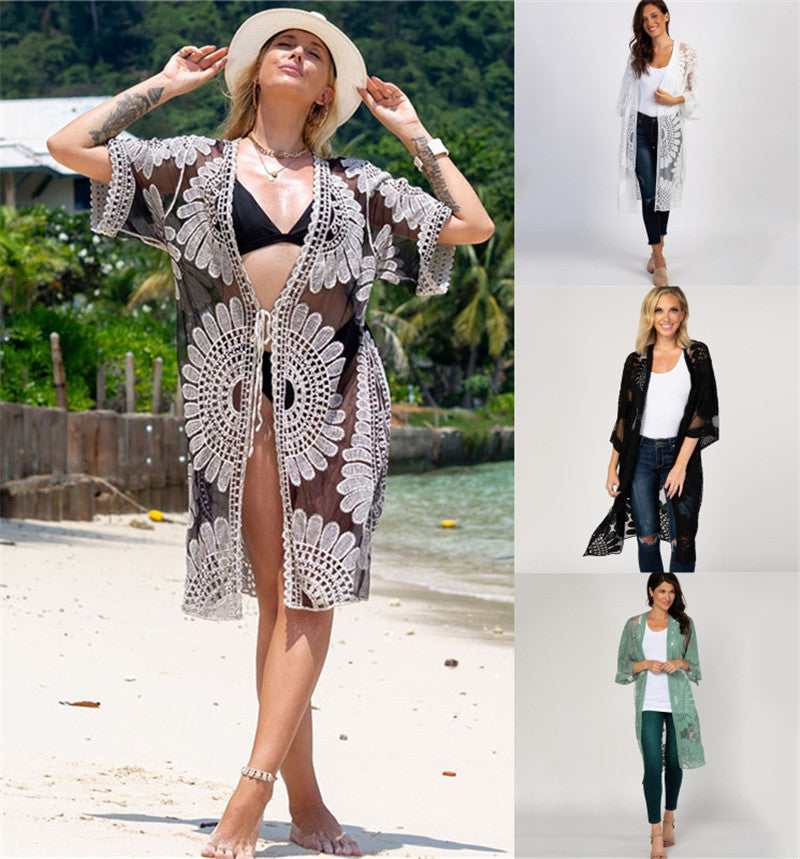 Lace Sunfower Embroidered Beach Cover-up Sexy Cardigan Outer Sunscreen Beach Cover Up Bella Mia