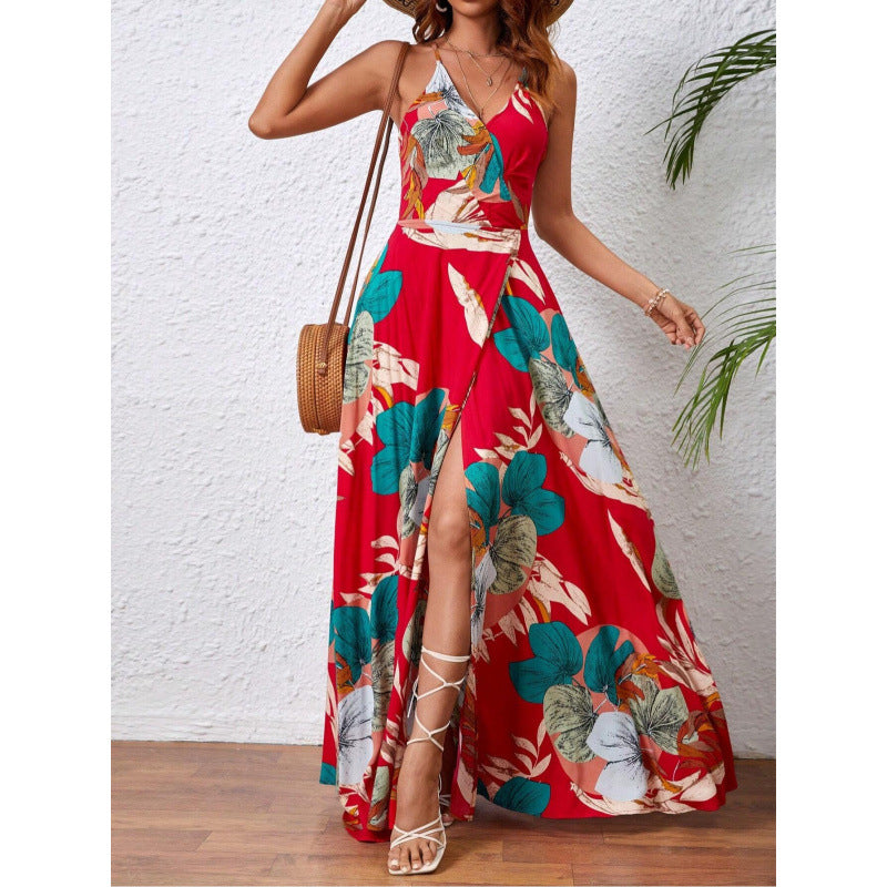 Real Shot Tropical Printing Thigh Fork Sling Dress Bella Mia