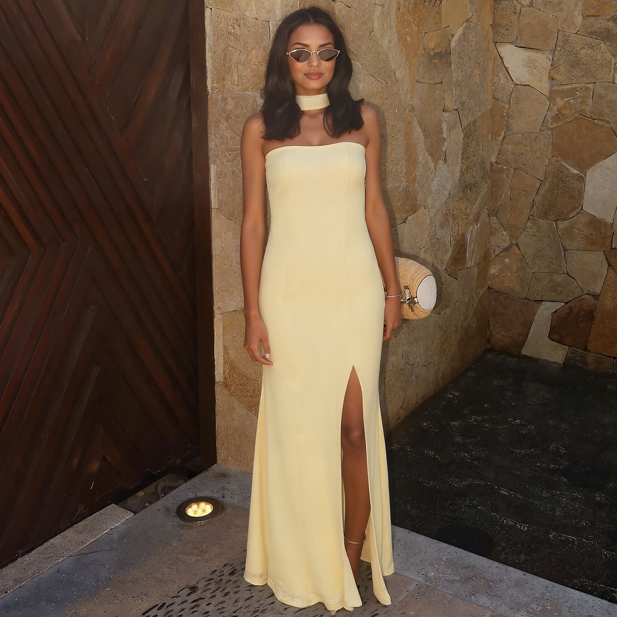 Women Clothing Summer Tube Top Slit Slim Fitting Solid Color Dress Bella Mia