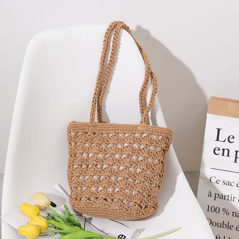 Korean Hollow Out Cutout Cotton Thread Hand Woven Bag Chi Elegant One Shoulder Portable Straw Weaved Bag Seaside Vacation Beach Bag Bella Mia