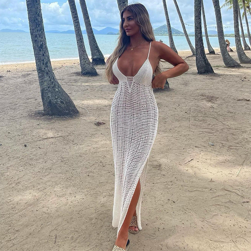 Women Sling Backless Knitted Dress Beach Seaside V neck Sexy Tight Split Spring Summer Dress Bella Mia