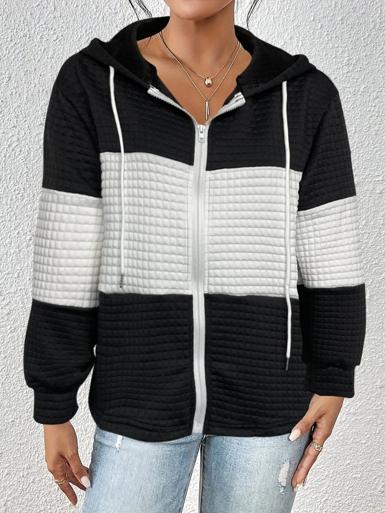 Women Color Block Plaid Hoodie Open Front Long Sleeve Casual Zip Sweatshirt Bella Mia