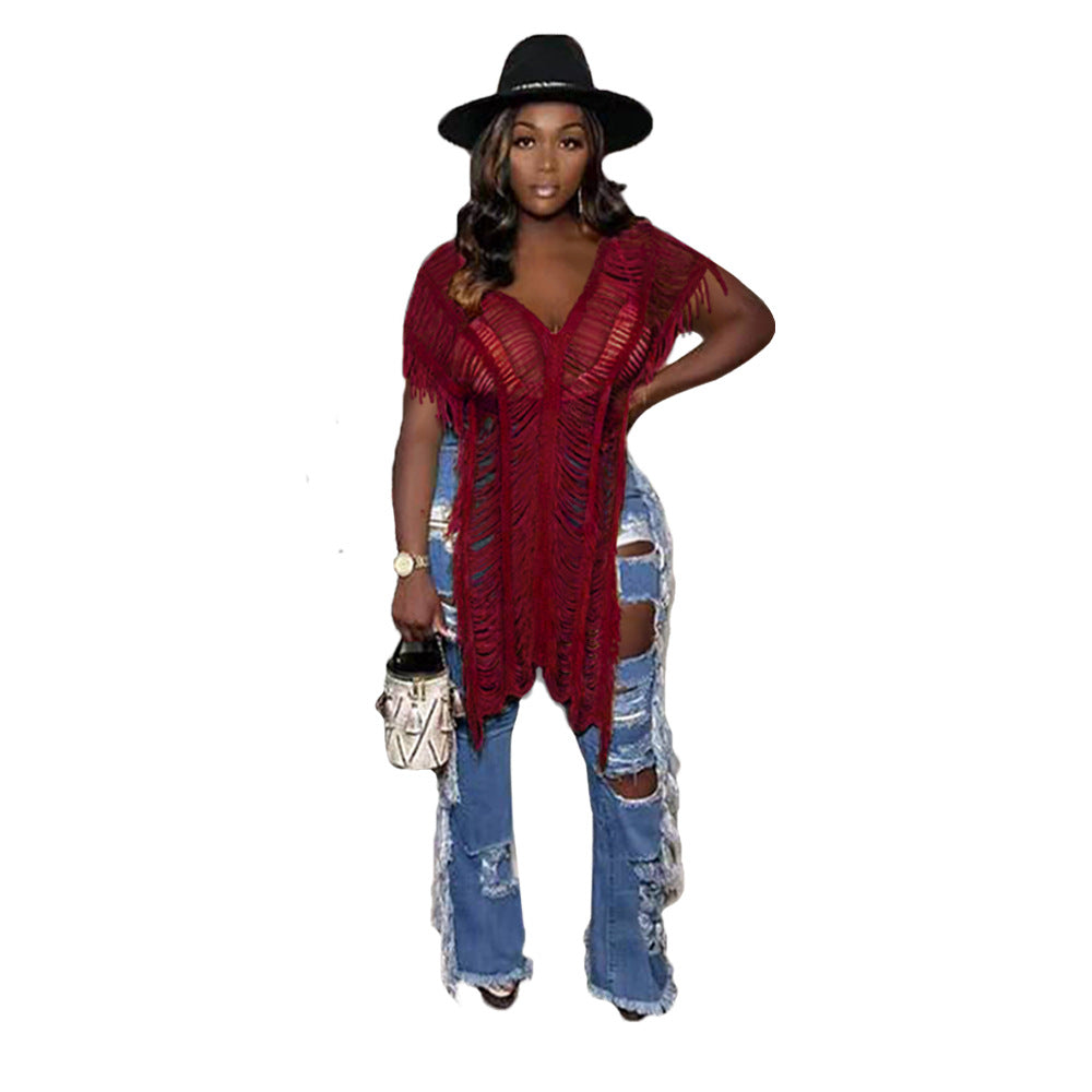 Women Clothing Solid Color Casual Tassel Hollow Out Cutout T shirt Bella Mia