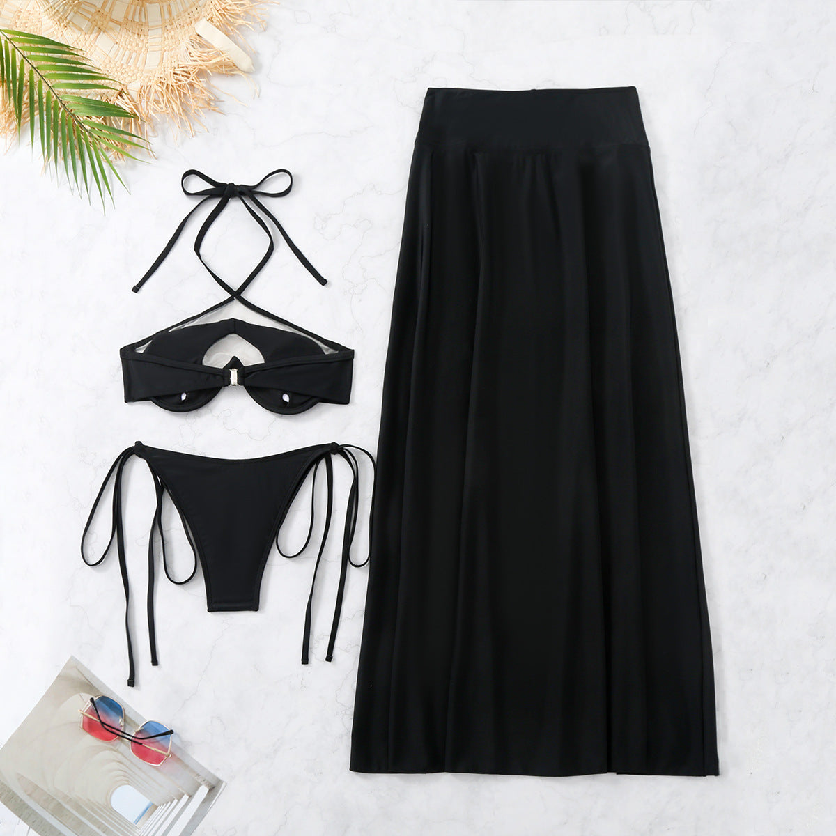 Pure Black Bikini Three Piece Set Split Swimsuit Long Skirt Bikini Bella Mia