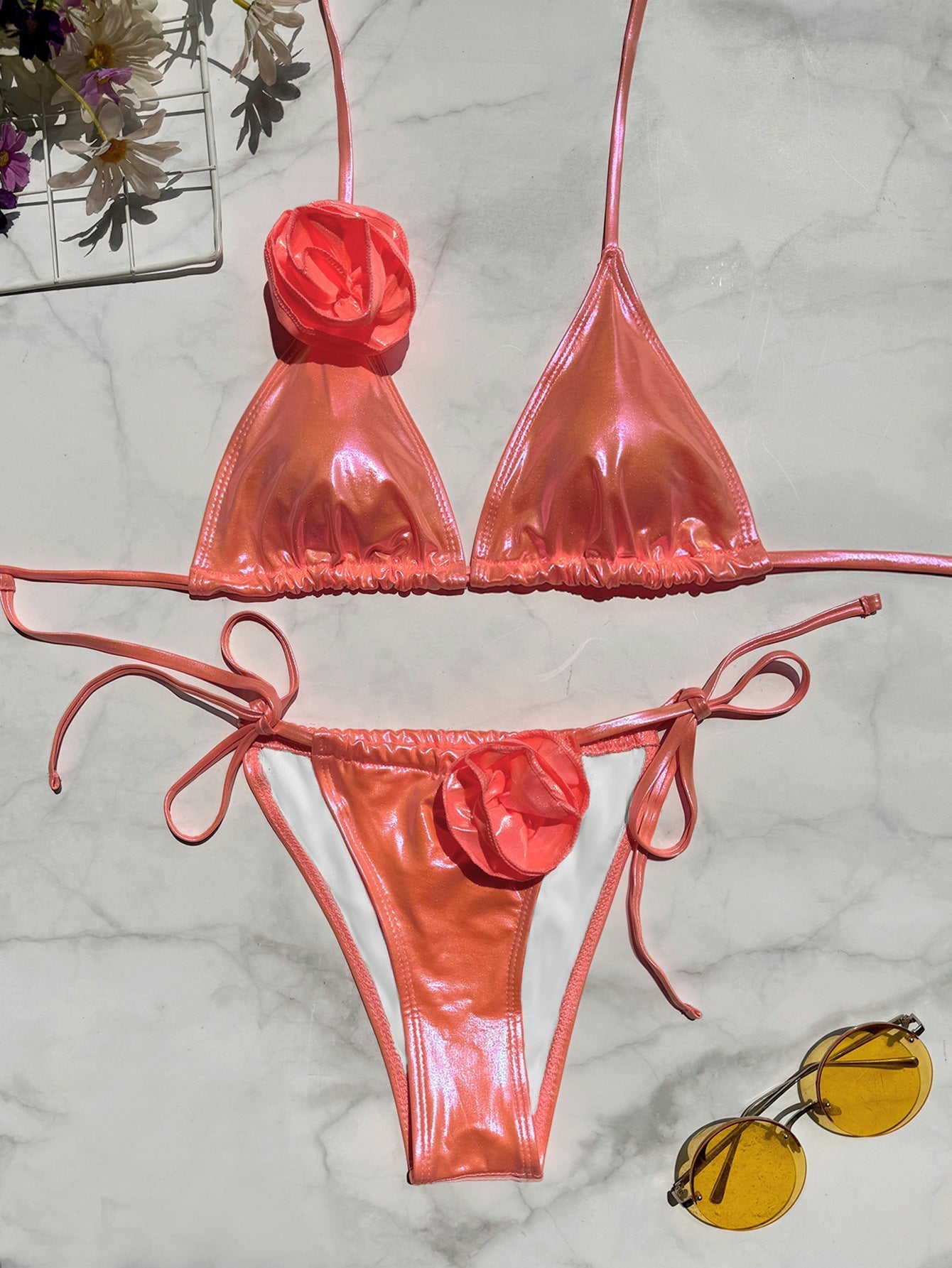 Bronzed Fabric Split Bikini Three Dimensional Floral Sexy Hanging Triangle Bag Swimsuit Bella Mia