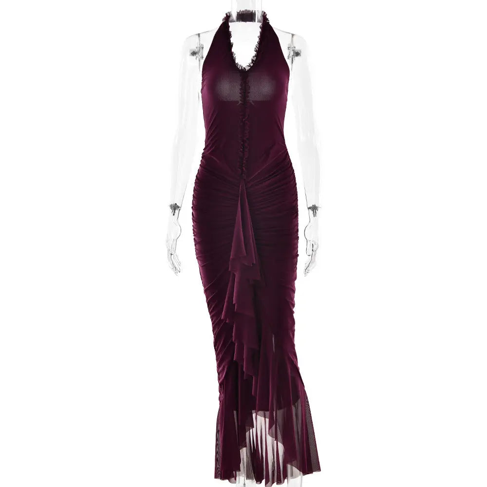Arrival Sexy Halter Dress Summer Deep V Plunge Ruffled Slit Pleated Dress Bella Mia