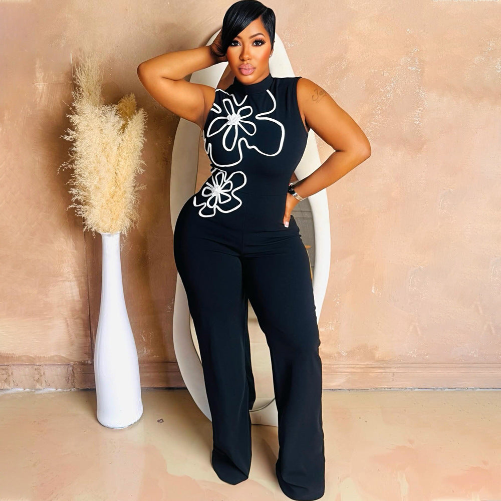 Sleeveless One Piece Floral Design Slim Trousers round Neck Sexy Hip Women Bella Mia