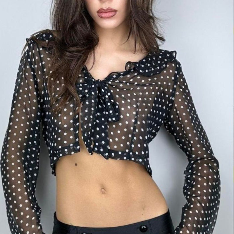 Women Clothing Summer Sexy See through Polka Dot Printed Long Sleeve Elegant Top Bella Mia