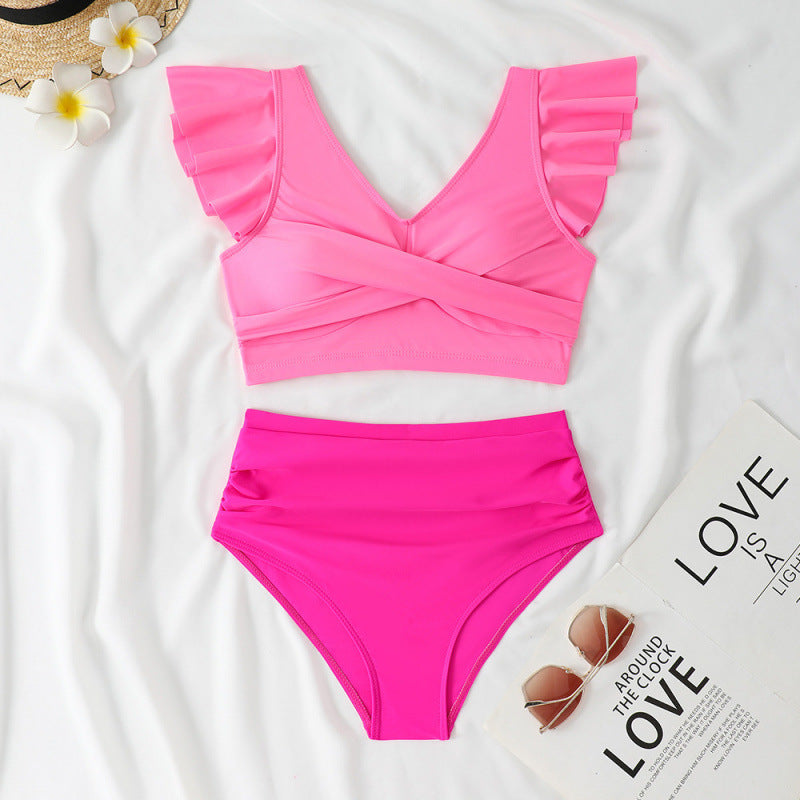 Split Swimsuit Slim Fit V Collar Contrast Color Ruffled Stitching Women Swimsuit Bikini Bella Mia