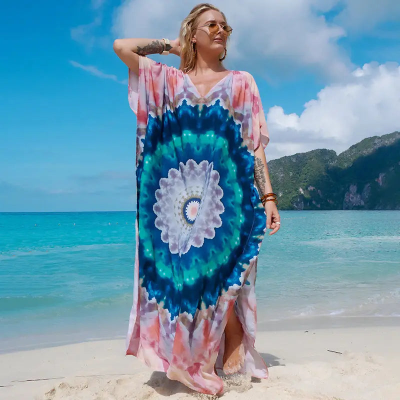 Boho Printed Beach Maxi Dress In Viscose With Animal Print And Split Sleeve Bella Mia
