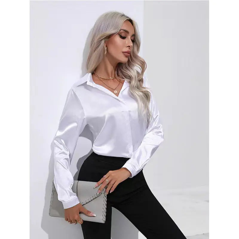One Button Satin Shirt Office Long Sleeve Shirt Spring Summer Loose Top Women Clothing Bella Mia