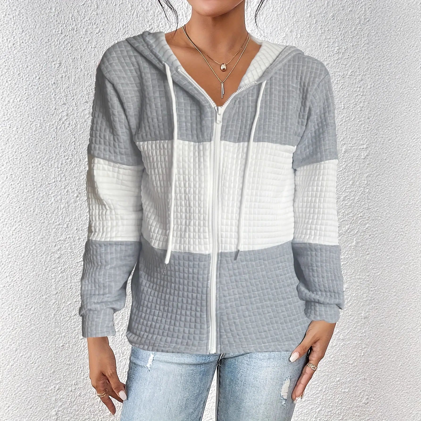 Women Color Block Plaid Hoodie Open Front Long Sleeve Casual Zip Sweatshirt Bella Mia