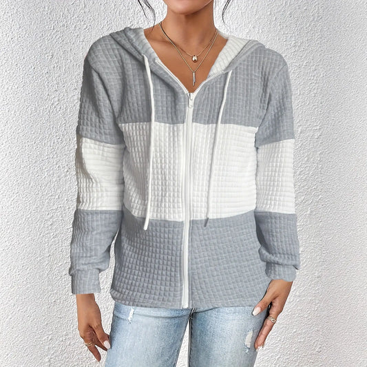 Women Color Block Plaid Hoodie Open Front Long Sleeve Casual Zip Sweatshirt Bella Mia