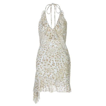 Summer Sexy Leopard Print Printed Sexy Deep V Plunge Sheath Wooden Ear Halter Dress Women