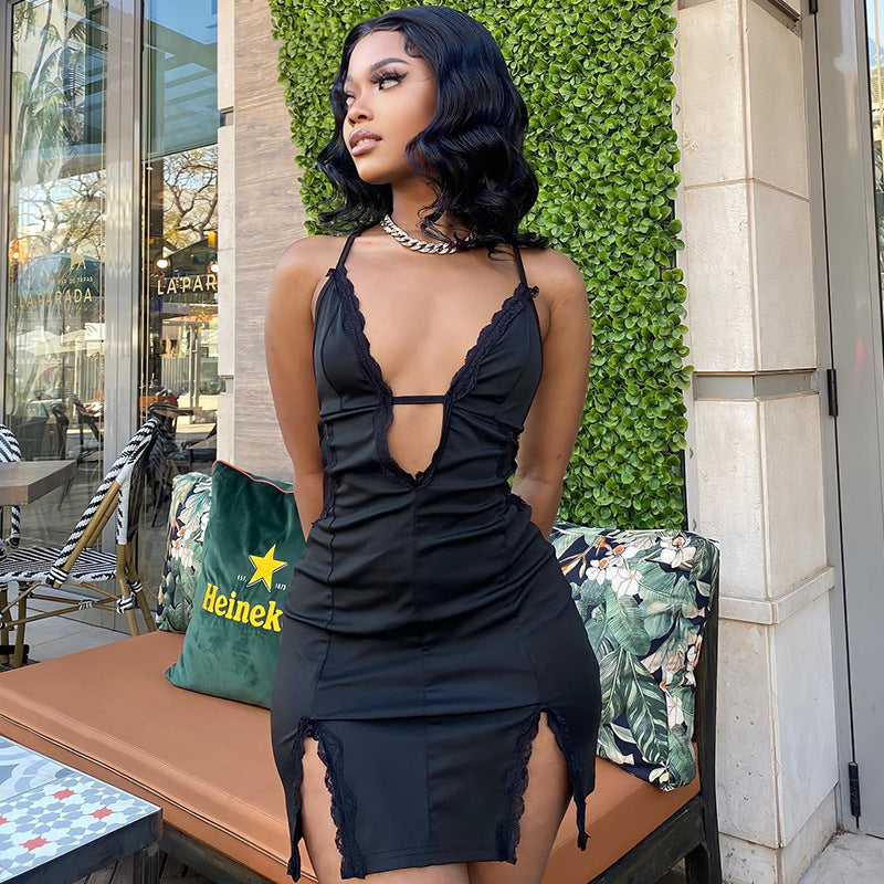 Women Clothing Suspender Cutout Street Hipster Lace Patchwork Slit Hip Dress Bella Mia