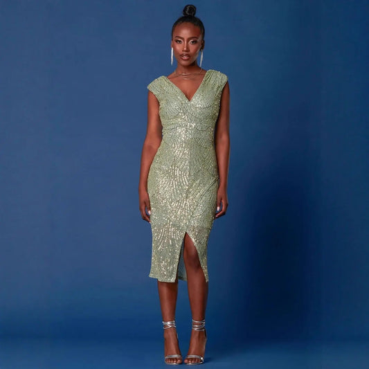 V Neck Midi Dress For Women Slim Bodycon Fit Formal Lace Sequin Zipper Split Bella Mia