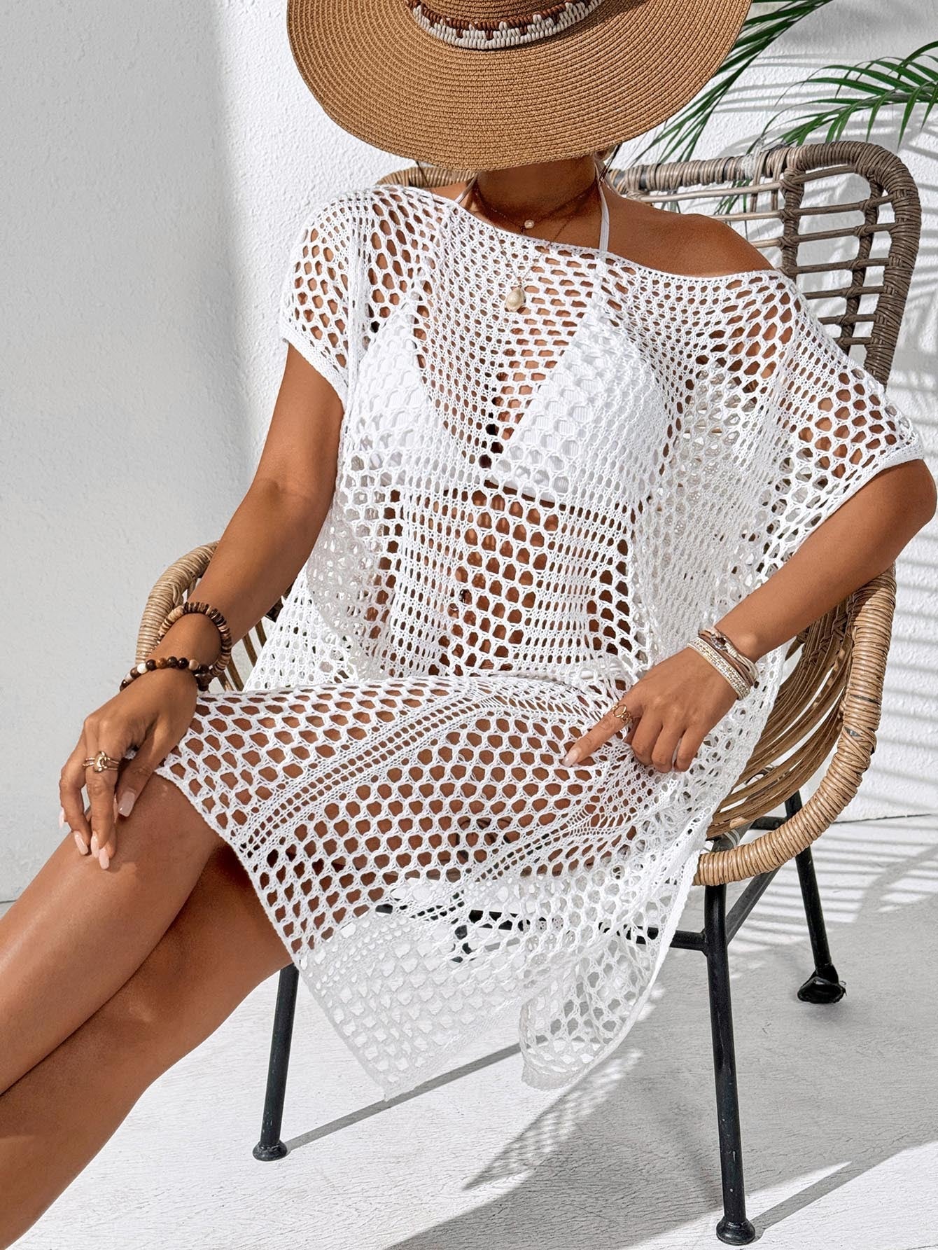 Women Holiday Blouse Women Sexy Woven Hollow Out Cutout out off Shoulder Bikini Overclothes Beach Dress Bella Mia