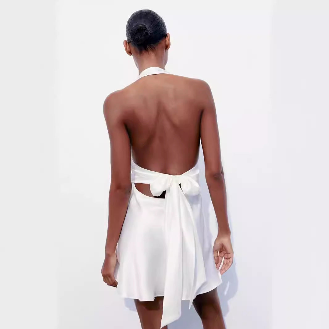 White Dress Summer Backless Women Wear Silk Satin Halter Dress Bella Mia
