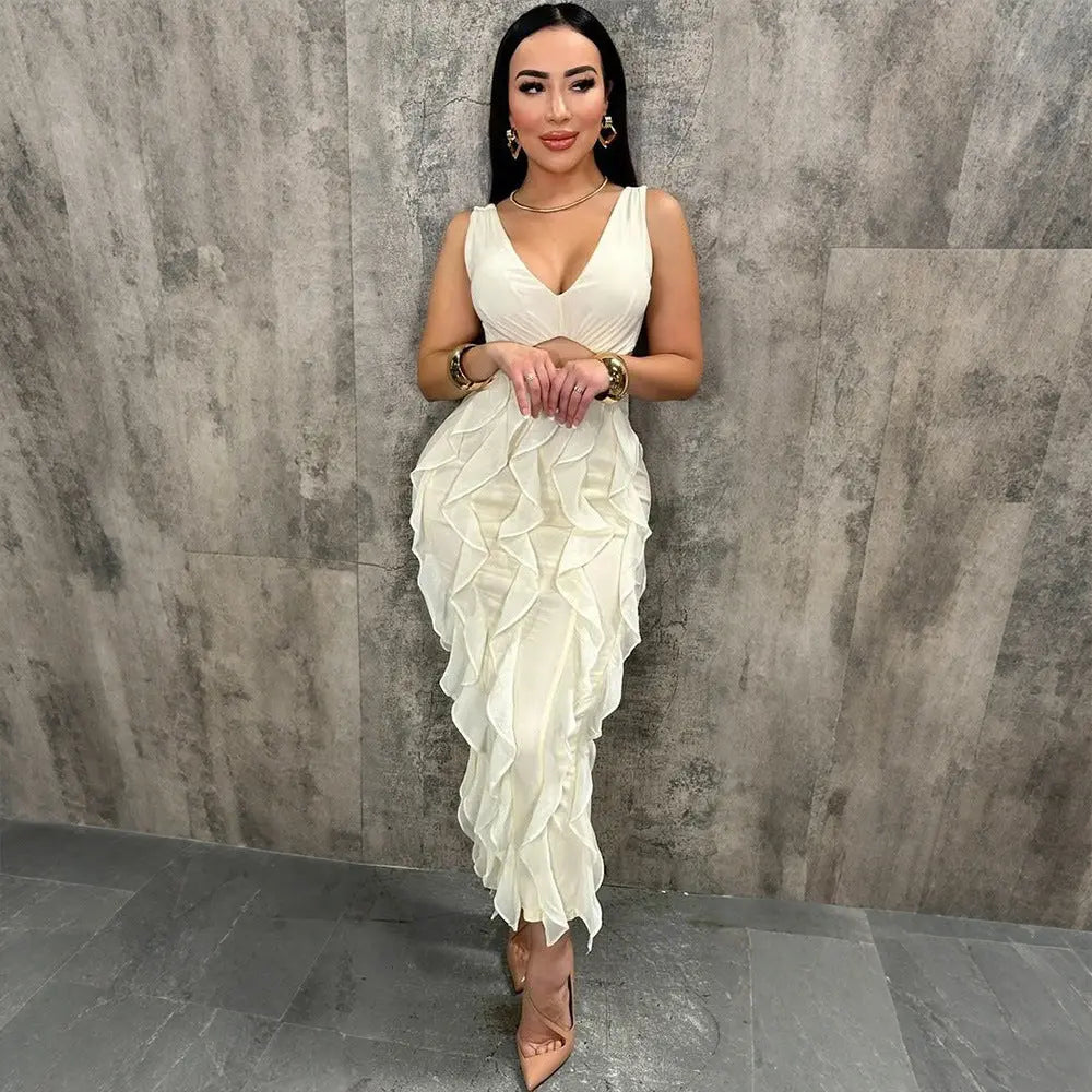 V Neck Sleeveless Cutout Ruffled Maxi Dress Split Solid Color Party Club Bella Mia