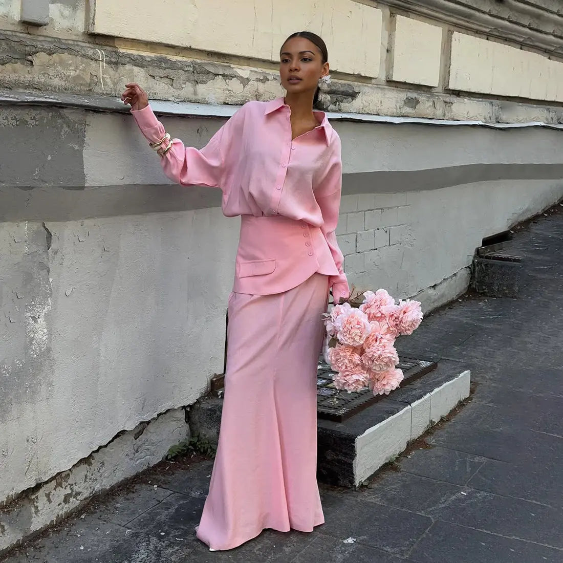 Women Clothing Fall Collared Long Sleeve Shirt Solid Color Waist Seal Skirt Three Piece Set Bella Mia