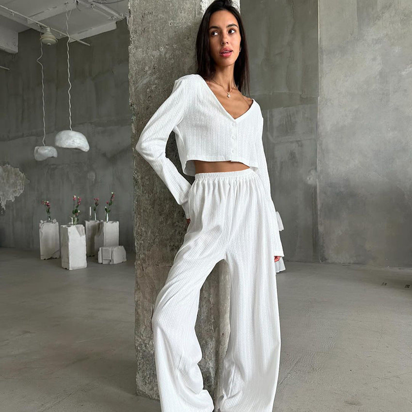 Autumn Winter White Knitted Fabric Jacquard Home Wear Long Sleeves Cropped Trousers Two Piece Soft Pajamas Bella Mia