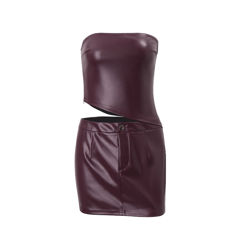 Women Clothing Fall Sexy Faux Leather Tube Top Irregular Asymmetric Top Hip Skirt Set Bella Mia